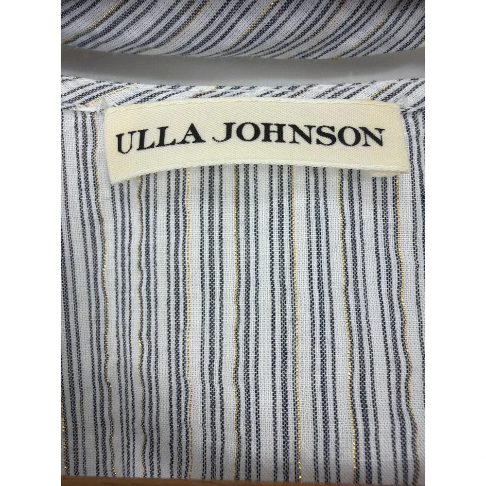 Ulla Johnson Striped Tie Neck Blouse Blue White‎ Gold Lurex Ruffle Sleeve Size 2